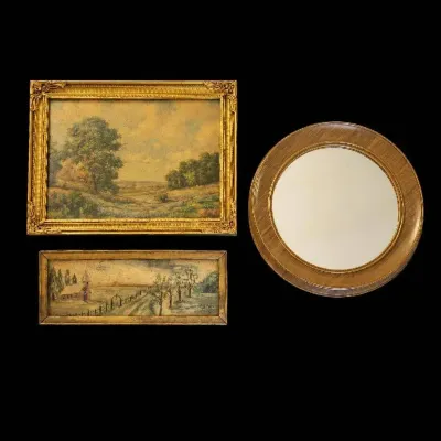 Rustic Wall Decor - Landscape Paintings, Round Mirror