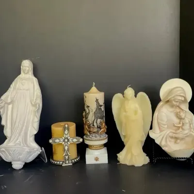 Vintage Religious Lot - Madonna & Child Wall Font Italy, Relief Sculpture, Nativity Candles  