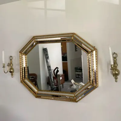 Vintage Ethan Allen Gilded Wall Mirror (Italy) & 2 Brass Sconces