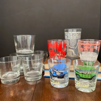 Vintage Juice Glassware Lot- Libbey, Antique Cars, More