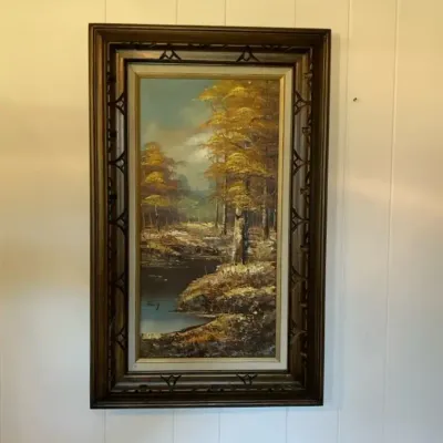 Framed Oil On Canvas Fall Autumn Landscape Scene 20" x 32", Signed