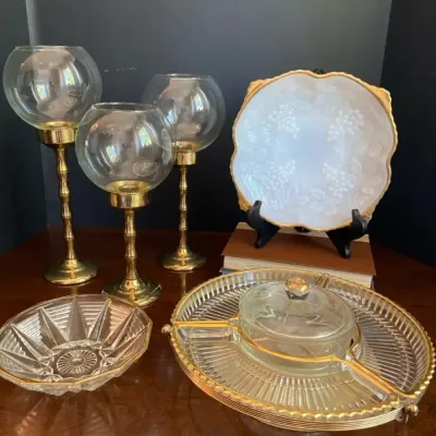 Gold And Glass Serving Ware- Candlestick Holders