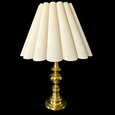 Vintage Brass Toned Turned Stiffel Style Table Lamp With Fluted Linen Shade
