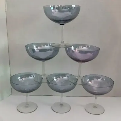 Iridescent Blue Champagne Coupe Glasses, 6 Pcs Mid Century Stemware