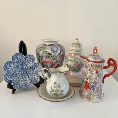 Asian Ceramics Decor Lot - Chocolate Pot, Vases, Ginger Jar MORE 