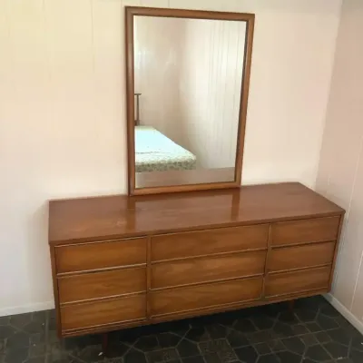 MCM 9 Drawer Wooden Low Boy Dresser W/Mirror