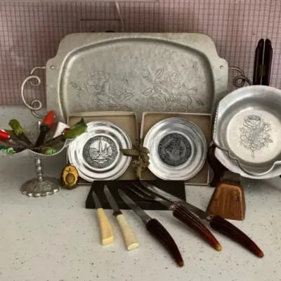Dinner Is Served! Silver Tone Serveware, Knives, Copper Bell MORE
