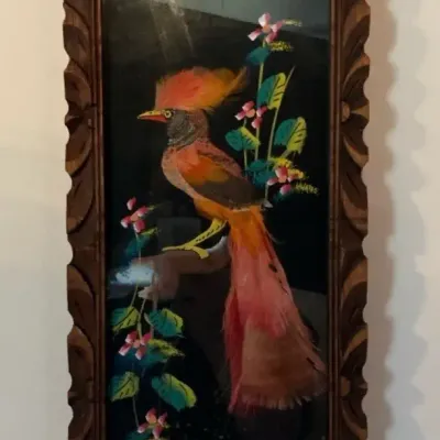 Vintage 1960s Mexican Feather Art, Framed Bird of Paradise Folk Art, Hand Carved Frame 6" x 14"