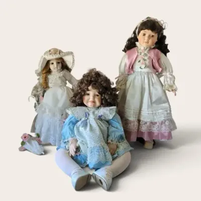 Flowers and Lace Doll Lot - Three Porcelain Dolls