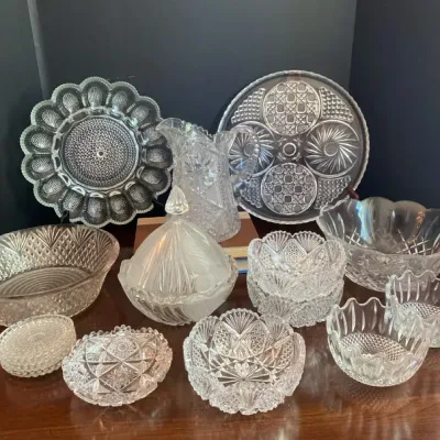 Crystal And Cut Glassware Lot- Egg Tray Coasters Bowls Platter