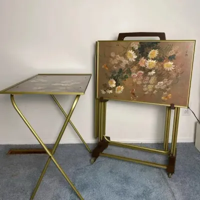 Vintage Asian Inspired MCM TV Tray Set With Stand On Wheels