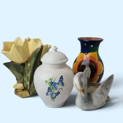 Springtime Decor Lot - Flower Vases, 22-K Gold Swan, Butterfly Jar