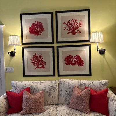 Set of four framed red coral botanical prints mounted in dark wooden frames, displayed above a floral pattern sofa.