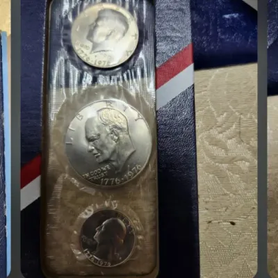 United States Bicentennial silver proof coin set, featuring the 1776-1976 Kennedy half dollar, Eisenhower dollar, and Washington quarter...