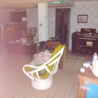 Mid-century modern white hoop swivel chair with lime green cushions, shown alongside a vintage electric organ and other basement...