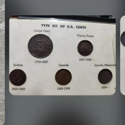 Type Set of U.S. Cents coin display, featuring a Large Cent, Flying Eagle, Indian Head, Lincoln, and Lincoln Memorial cent.