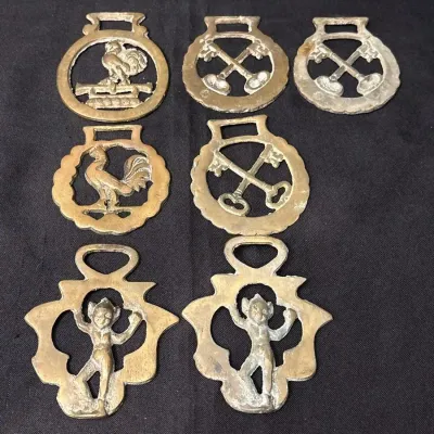 7 VTG English Horse Brass Harness Medallions - Rooster Cockerel, Crossed Keys, Lincoln Imp