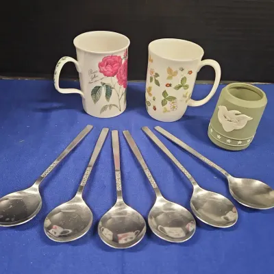 Vintage English Kitchen Collectibles - 2 Fine China Mugs, Wedgwood Jar, Viners Of Scheffield Spoons