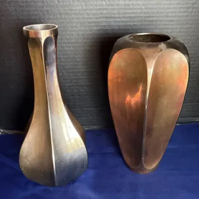 Mid-Century Modern Metalwork Vases - Fluted Bud & Scoop Rim Patina