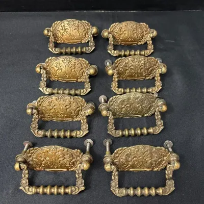 8 Antique Victorian Repousse Brass Drawer Pulls - Ornate Drop Bail Handles