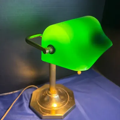 Vintage Brass Bankers Desk Lamp - Green Glass, Octagon Base, Pull Chain, Library Light