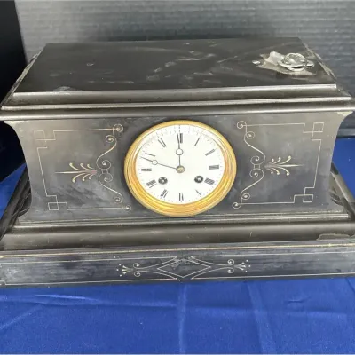 Vintage French Black Slate Mantel Clock - 19th Century Victorian, With Key
