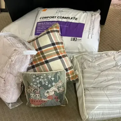 Bedtime - 3 New Pillows, Full Striped Comforter, Pink Blanket & Throws