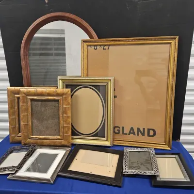Antique Framed Mirror With 9 Vintage Picture Frames Various Sizes And Styles 