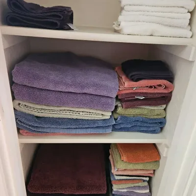 Bathroom Cupboard - Large Towels, Hand Towels & Wash Cloths, Purple, Cream, Bedding