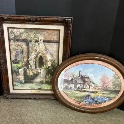 2 Marty Bell COA Cottage Paintings - "Sanctuary" & Oval Framed "May Cottage" 