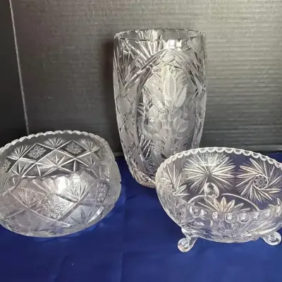 Vintage Cut Crystal - Starburst Footed Dish, Pinwheel Rose Bowl & Oval Floral Vase