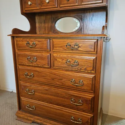 Vintage Cal Shops Oak Highboy Dresser With Mirror & Upper Hutch Drawers - Integrated MIrror, Brass