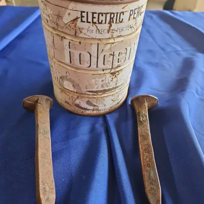 Antique Folgers Coffee Can With 12 Rail Road Spikes