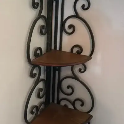 Vintage Wrought Iron & Wood 4-Tier Corner Shelf - Foldable, Plants, Etagere, Display