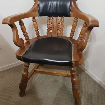 Viking Captain's Chair Carved Oak With Upholstered Black Faux Leather And Brass Nailhead Trim