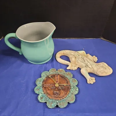 Light Teal Ceramic Pitcher, Ceramic Gecko Figurine W/ Crackle Glazed Finish, Copper Wall Clock