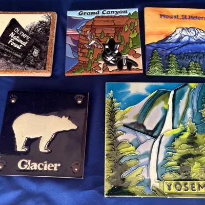 5 National Park Ceramic Title Trivets - Olympic, Grand Canyon, Mt St Helens, Glacier, Yosemite