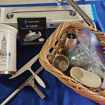 Bathroom Items - Ceramic Waste Can, Shower Head, Steel Grab Bar, Suction Handle, Basket Decor