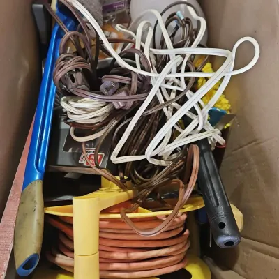 Box Of Garage Tools - Includes Extension Cords, Screws, Painting Tools, Duster, Gloves, Level