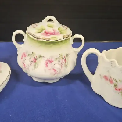 Rose Pattern Porcelain Collectibles - Heart Shaped Trinket Box, Sugar Bowl, Creamer Milk Dish