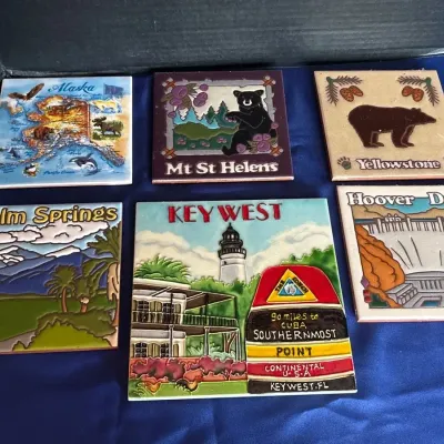 6 Ceramic Tile Trivets - Palm Springs, Key West, Yellowstone, Mt St Helens, Alaska