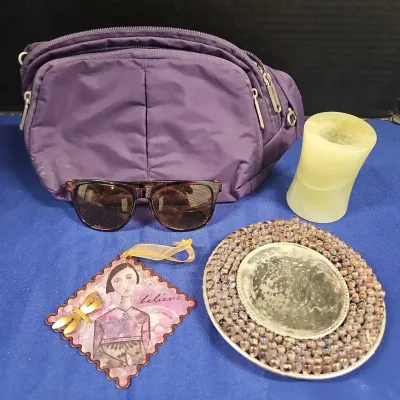 Purple Fanny Pack, Tortoise Shell Sunglasses, 2 Candle Holders, Believe Metal Ornament 