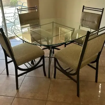 Metal & Glass Round Kitchen Table w/ 4 Chairs - Cream Sheets, Scallop Edge