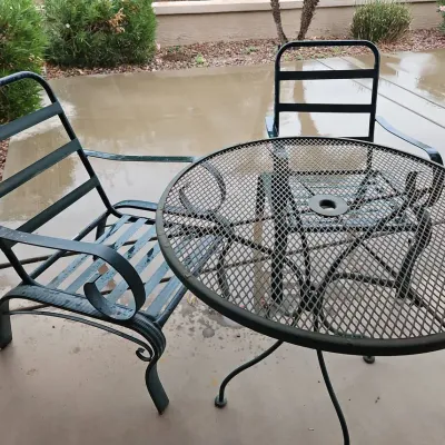 Green Patio Furniture Set With 2 Arm Chairs And Round Metal Table 