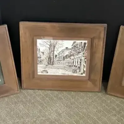 3 English Main Street Art Prints - Brown & White, Wood Frames, Sketches