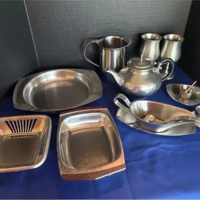 Mid Century Modern Stainless & Pewter Serving - Welch Old Hall, C Kurz Teapot, PHV Goblets, Platters