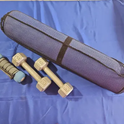 Exercise - Fitness Yoga Mat In Mesh Carry Bag, 2 5lb Dumbbells, 1.5lb Padded Dumbbell