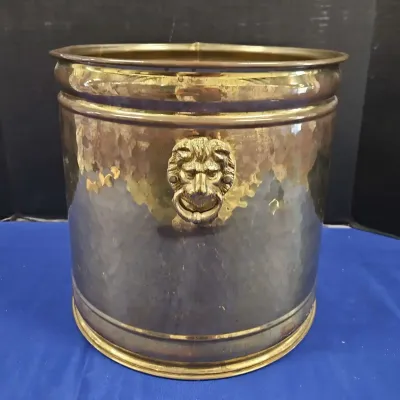 Vintage Hammered Brass Basket Planter W/ Lion Head Ring Handles