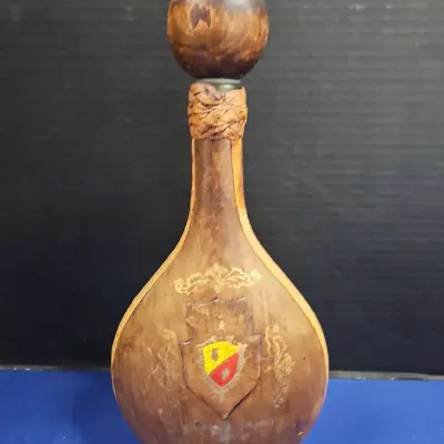 Vintage Leather Glass Decanter With Coat of Arms Motif Liquor Bottle