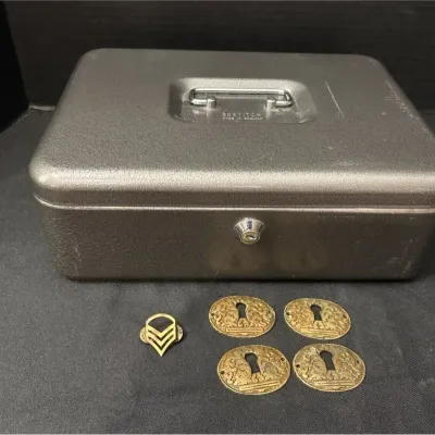 Vintage Items - Bostitch Metal Locking Box, US Military Sergeant Pin, Antique Brass Keyhole Covers
